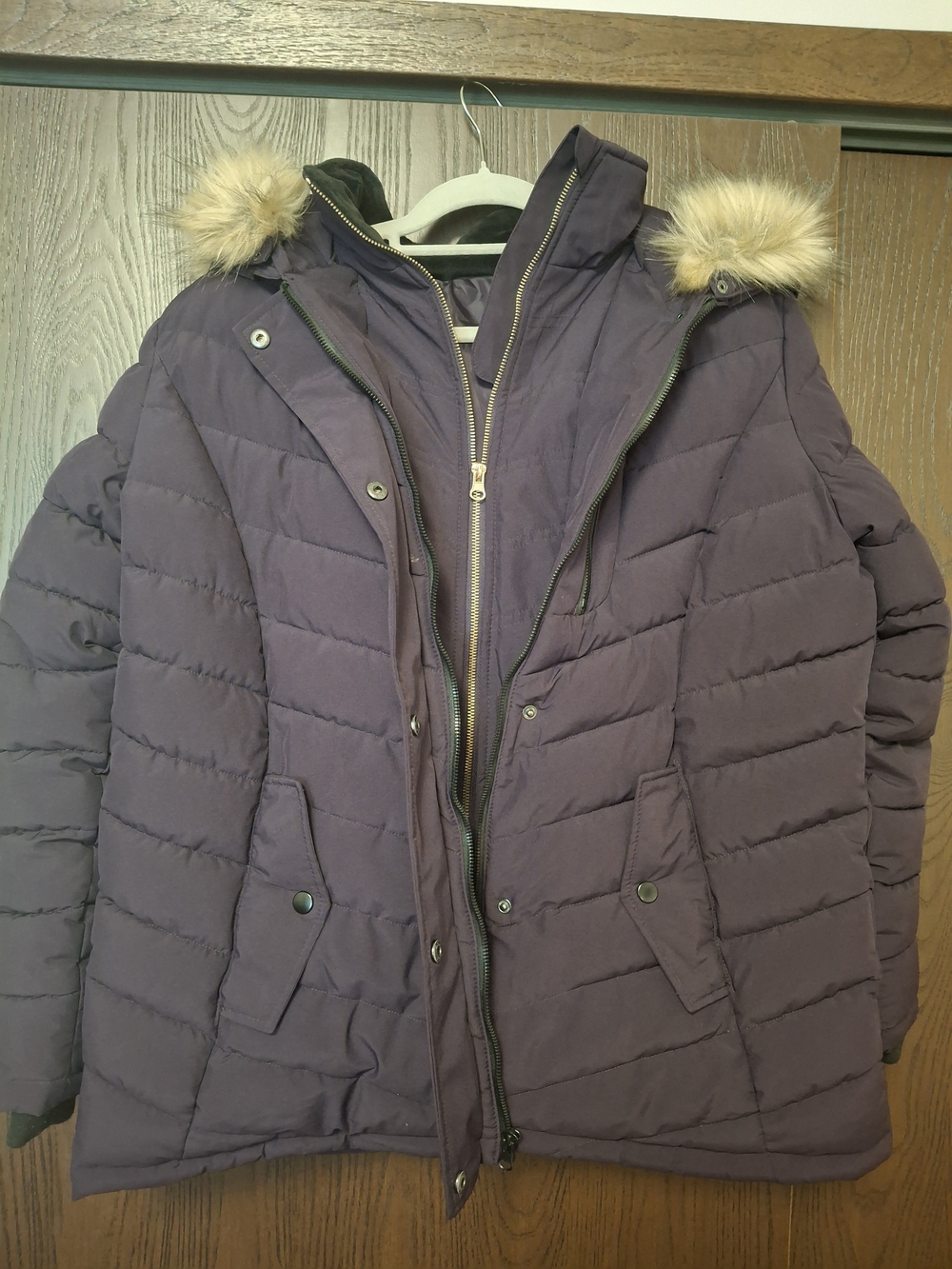 Women's Quilted Puffer Coat with Faux Fur Hood - Purple
